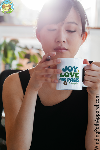 Joy Love and Paws White glossy mug