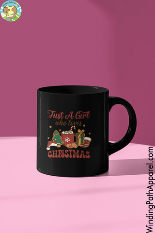 A Girl Who Loves Christmas Black Glossy Mug