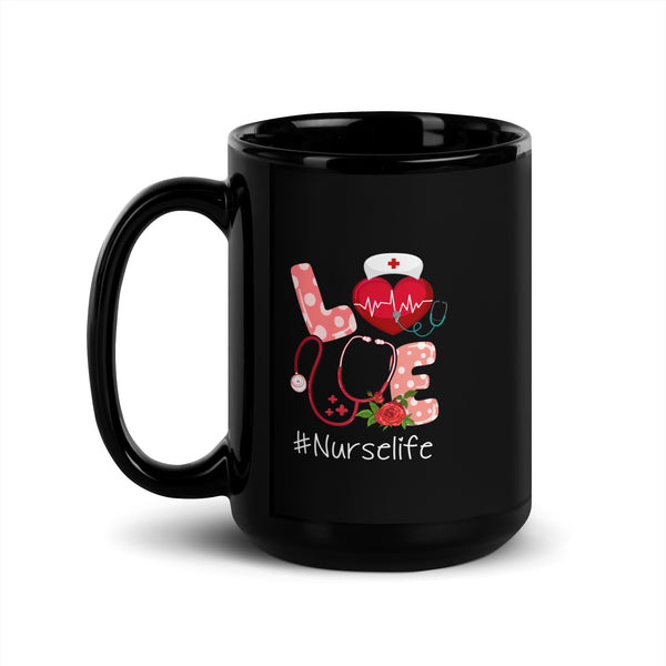Love Nurse Life Valentine Black Glossy Mug