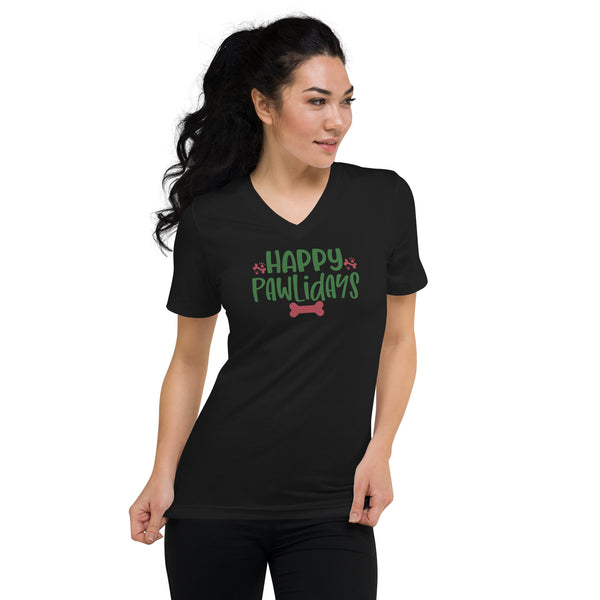 Happy Pawlidays Unisex Short Sleeve V-Neck T-Shirt