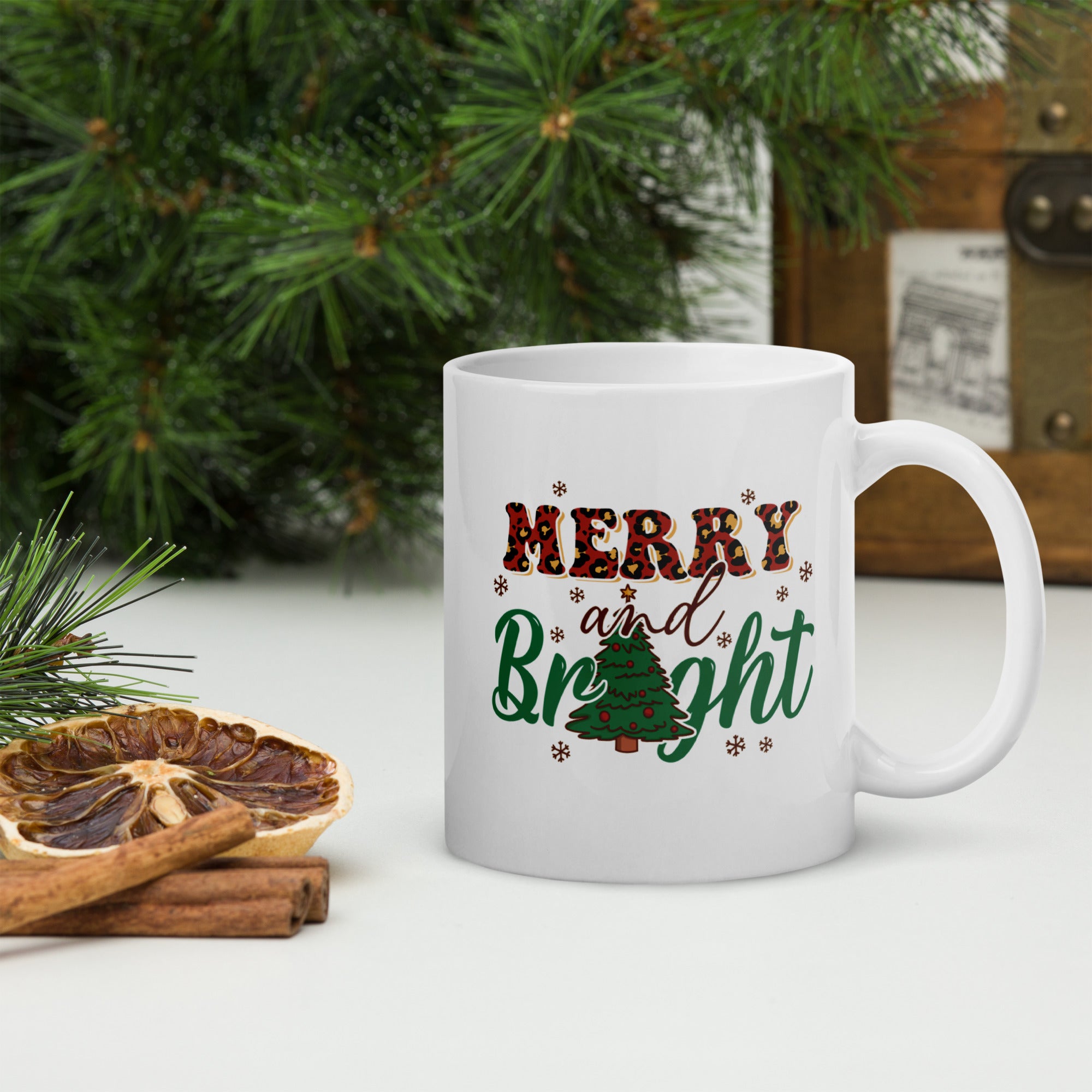 Merry and Bright White glossy mug