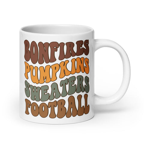 Bonfires Pumpkins Sweaters Football White glossy mug