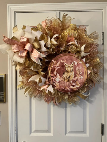 Rose gold, gold and cream owl wreath